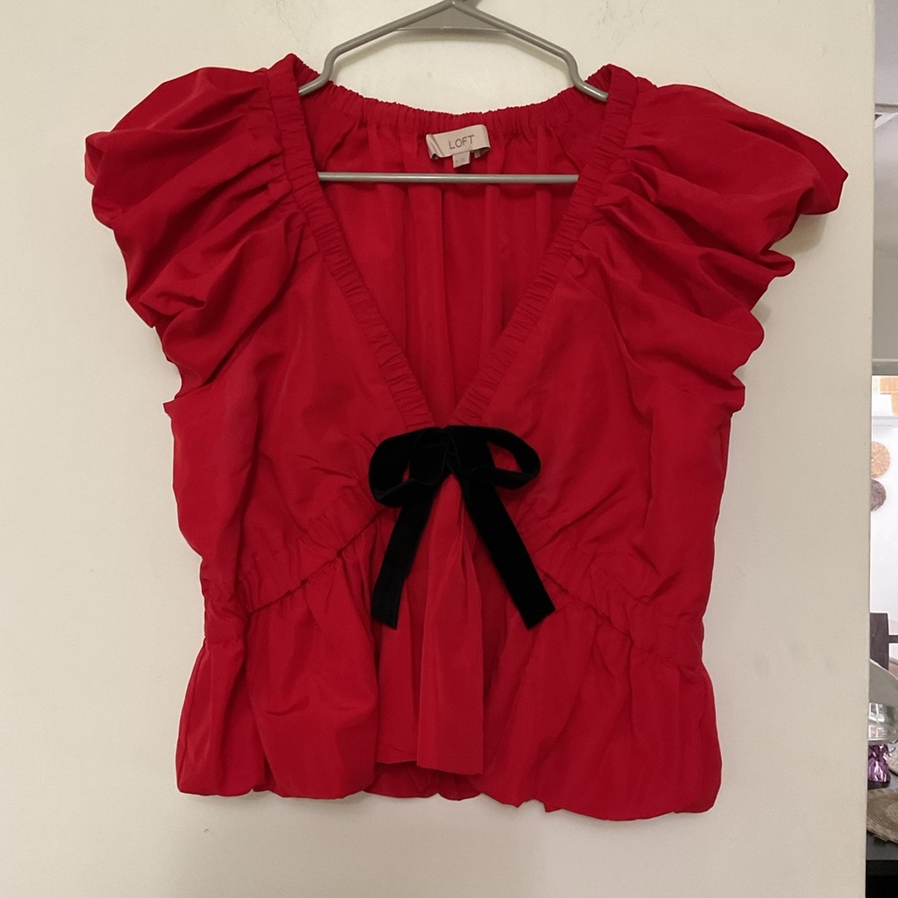 LOFT Red Puff Sleeve V-Neck Top with Black Velvet Bow